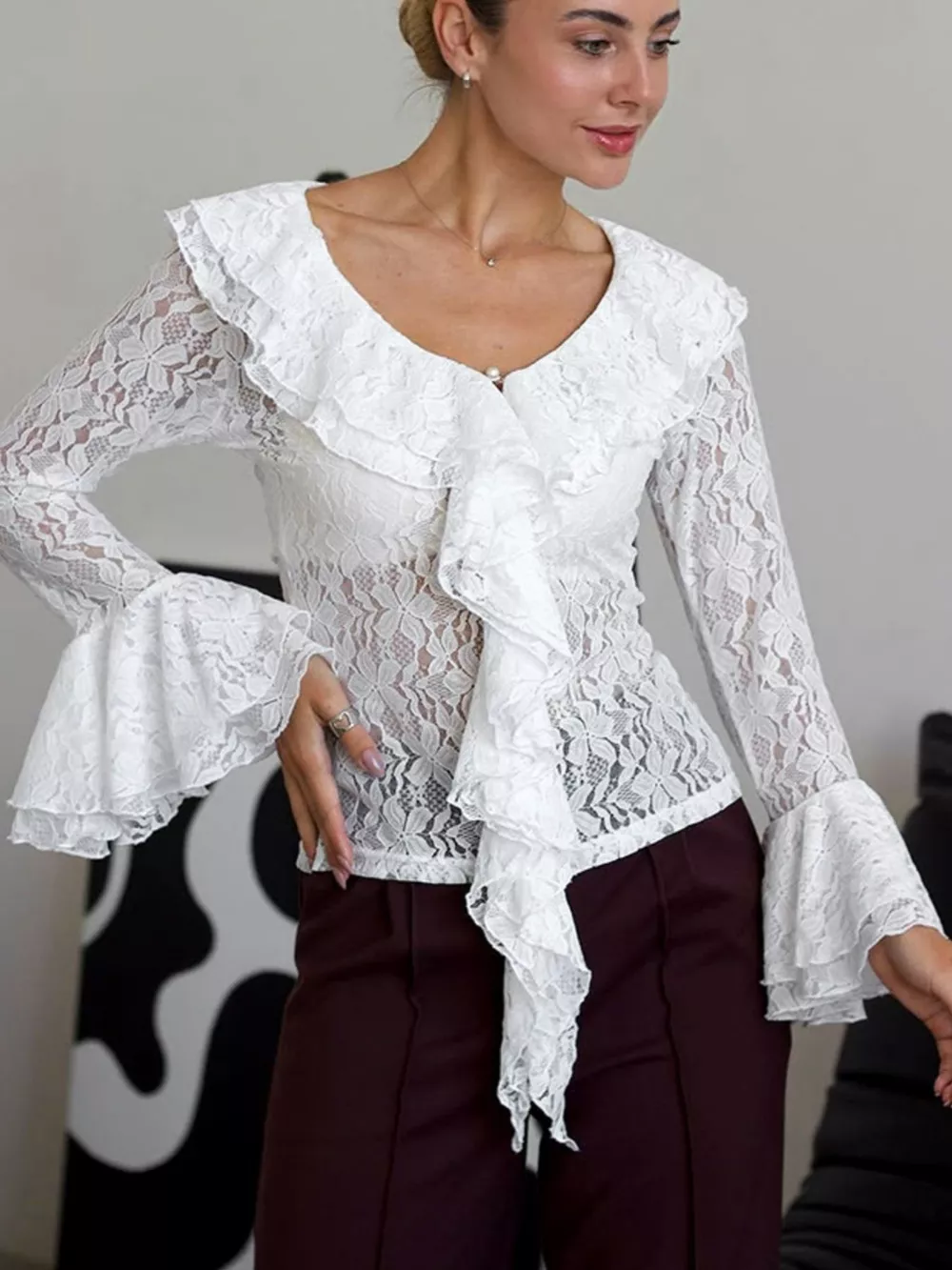 Ruffle Lace Flounce Sleeve Blouse, image 3