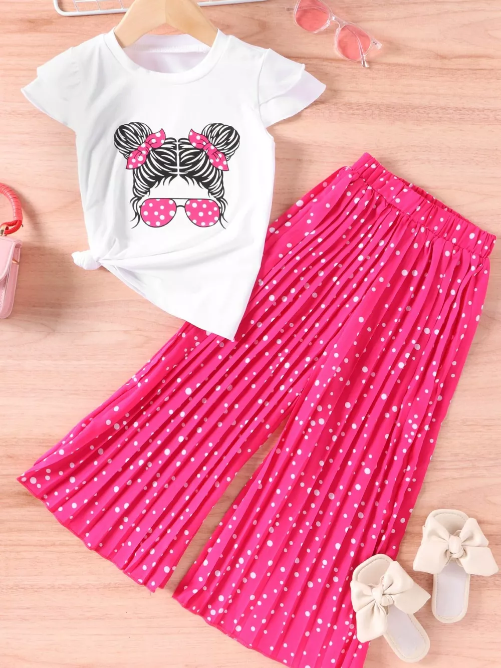 Children's Graphic Tee & Polka Dot Pleated Pants Set, image 2