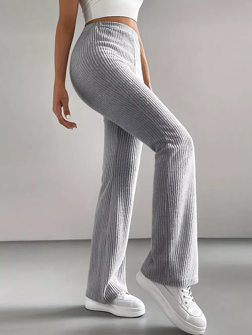 Ribbed Knit High Waist Flare Pants, image 6