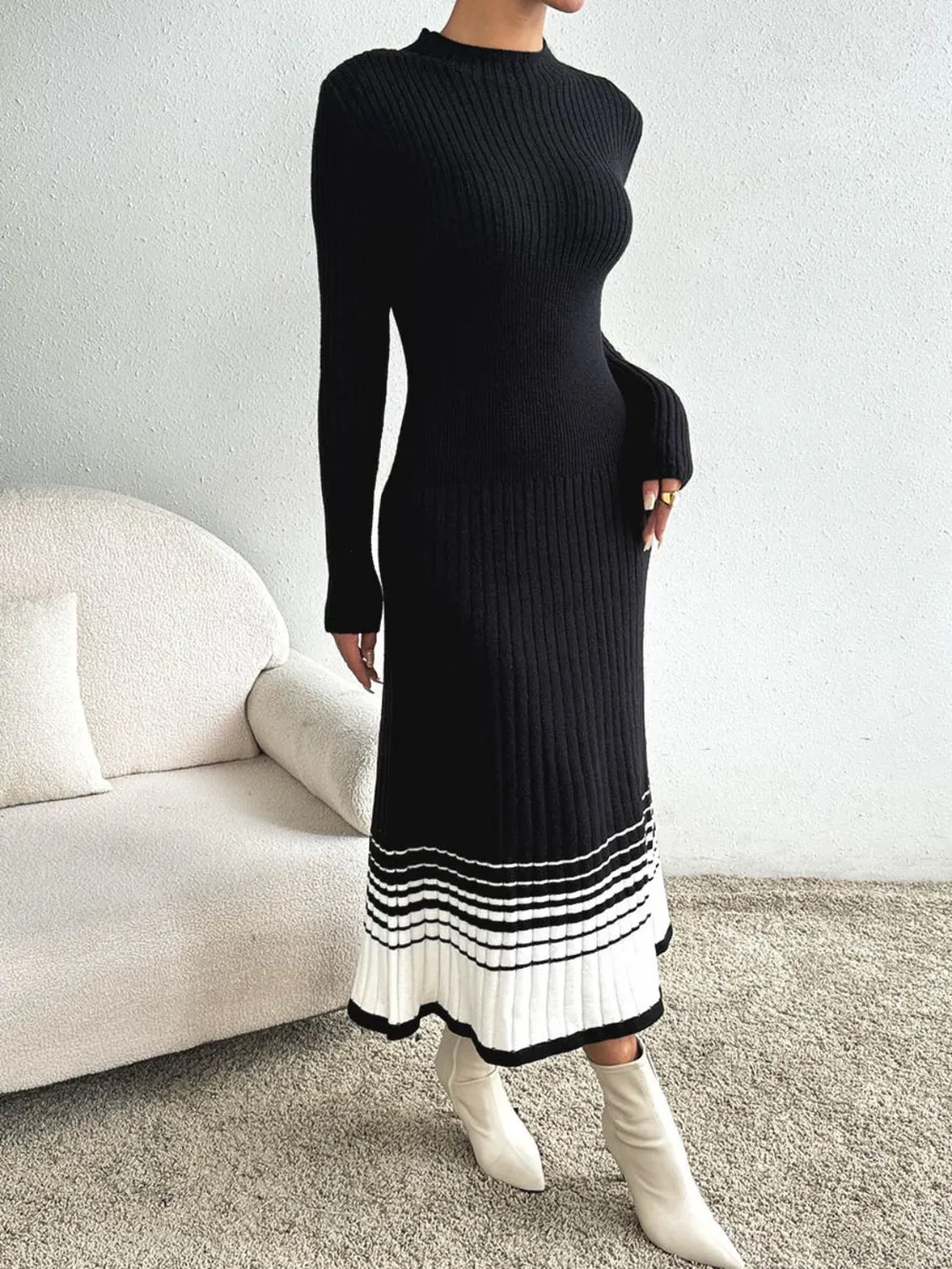 Contrast Mock Neck Long Sleeve Sweater Dress, image 4