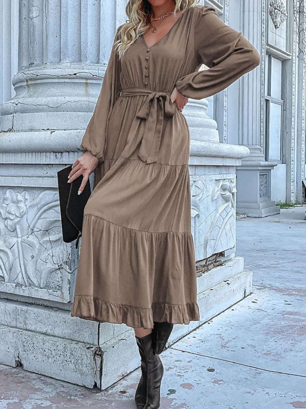 Ruffled Hem V-Neck Balloon Sleeve Dress, image 31