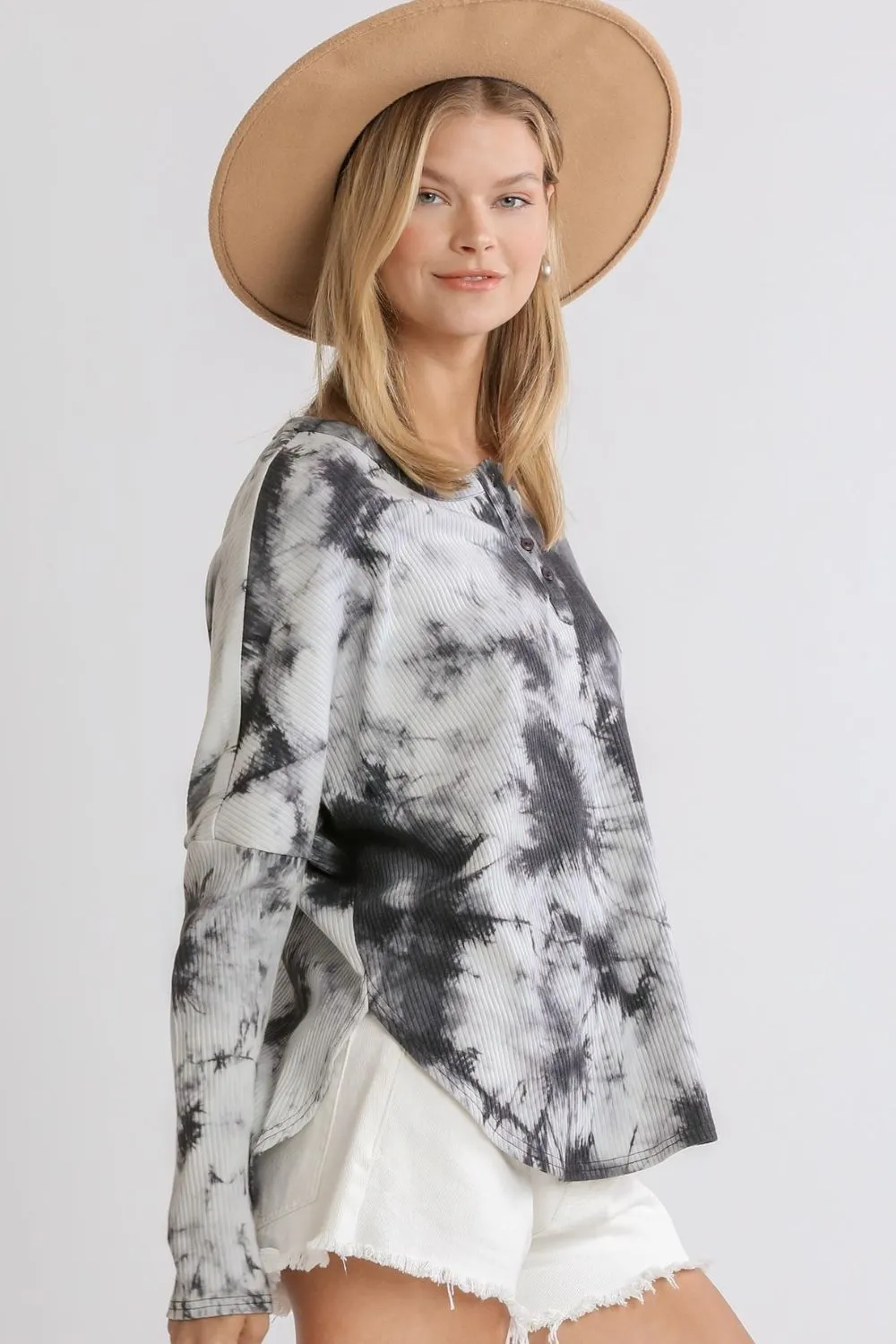 Full Size Tie Dye Round Neck Ribbed Button Front Top Plus Size, image 3