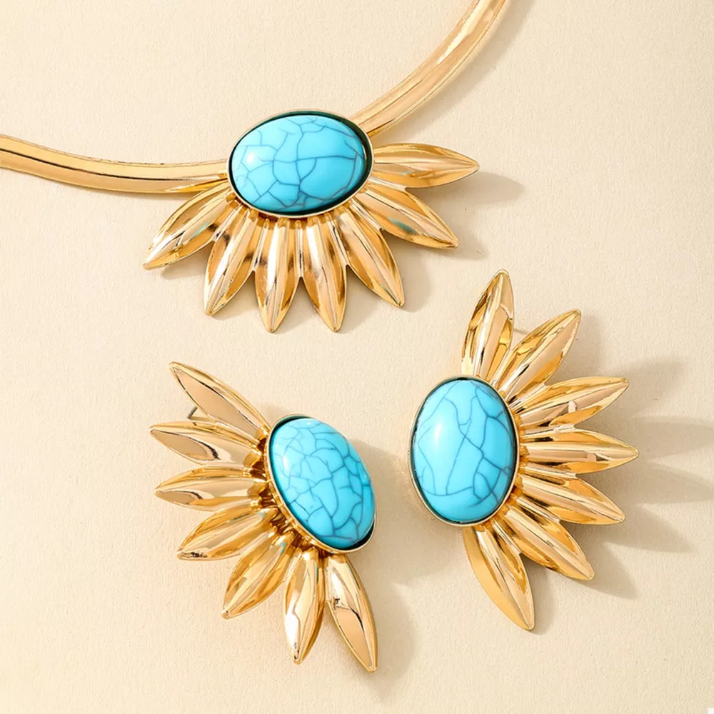 Turquoise Sunflower Necklace and Earrings Jewelry Set, image 2