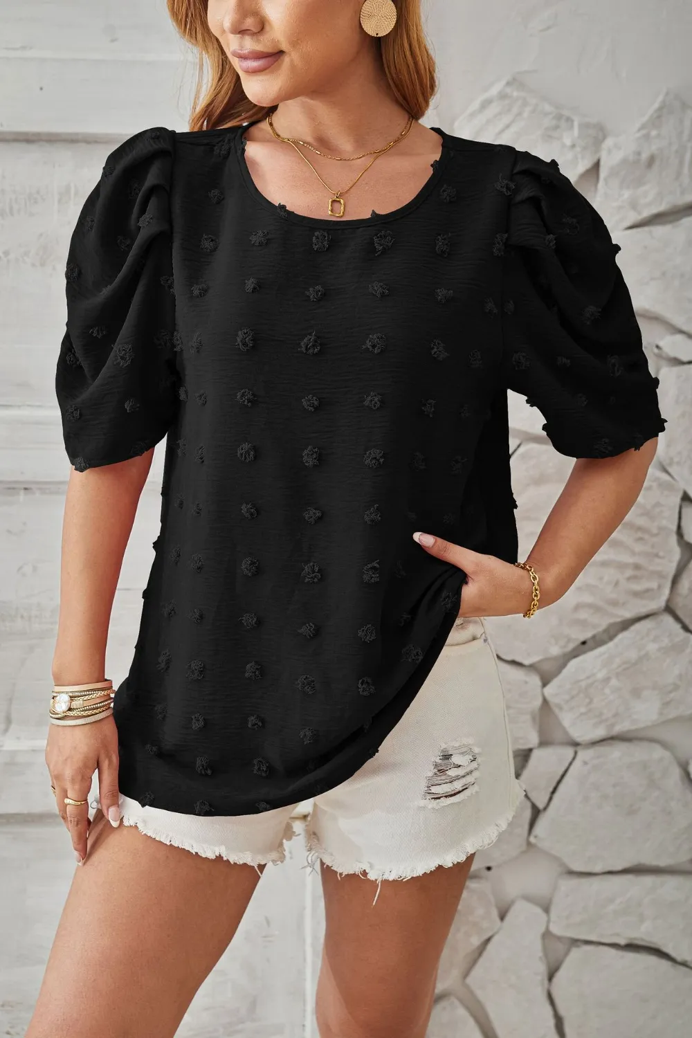 Swiss Dot Round Neck Short Sleeve Blouse, image 13
