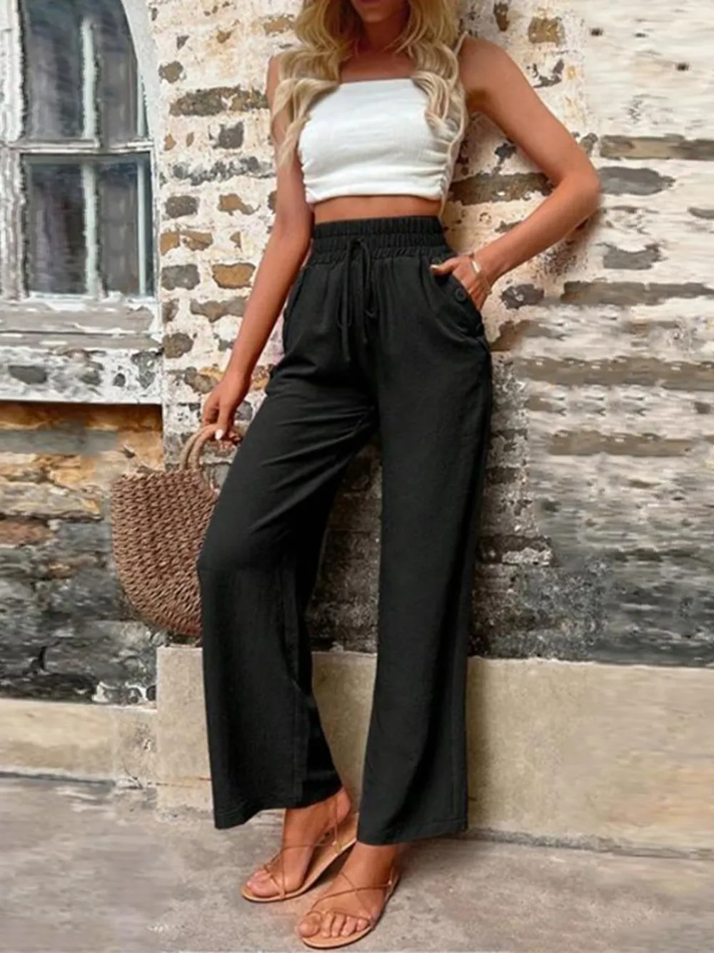 Tied High Waist Wide Leg Pants with Pockets, image 10