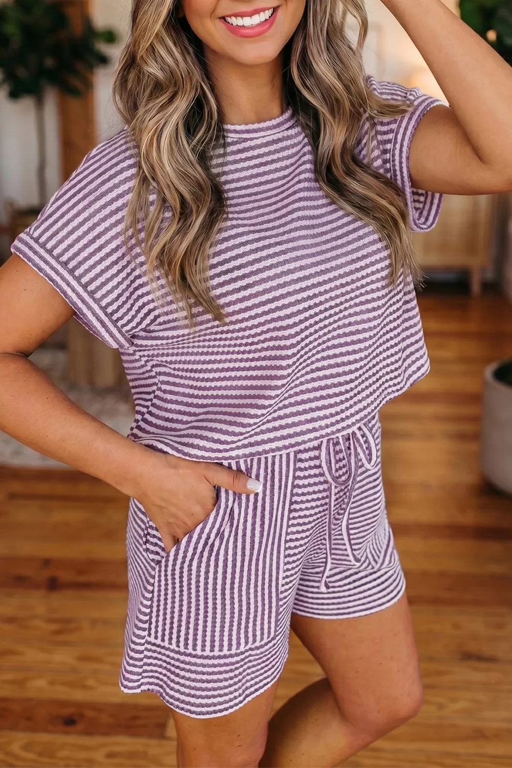 Stripe Breathable Textured Knit Short 2pcs Set, image 3