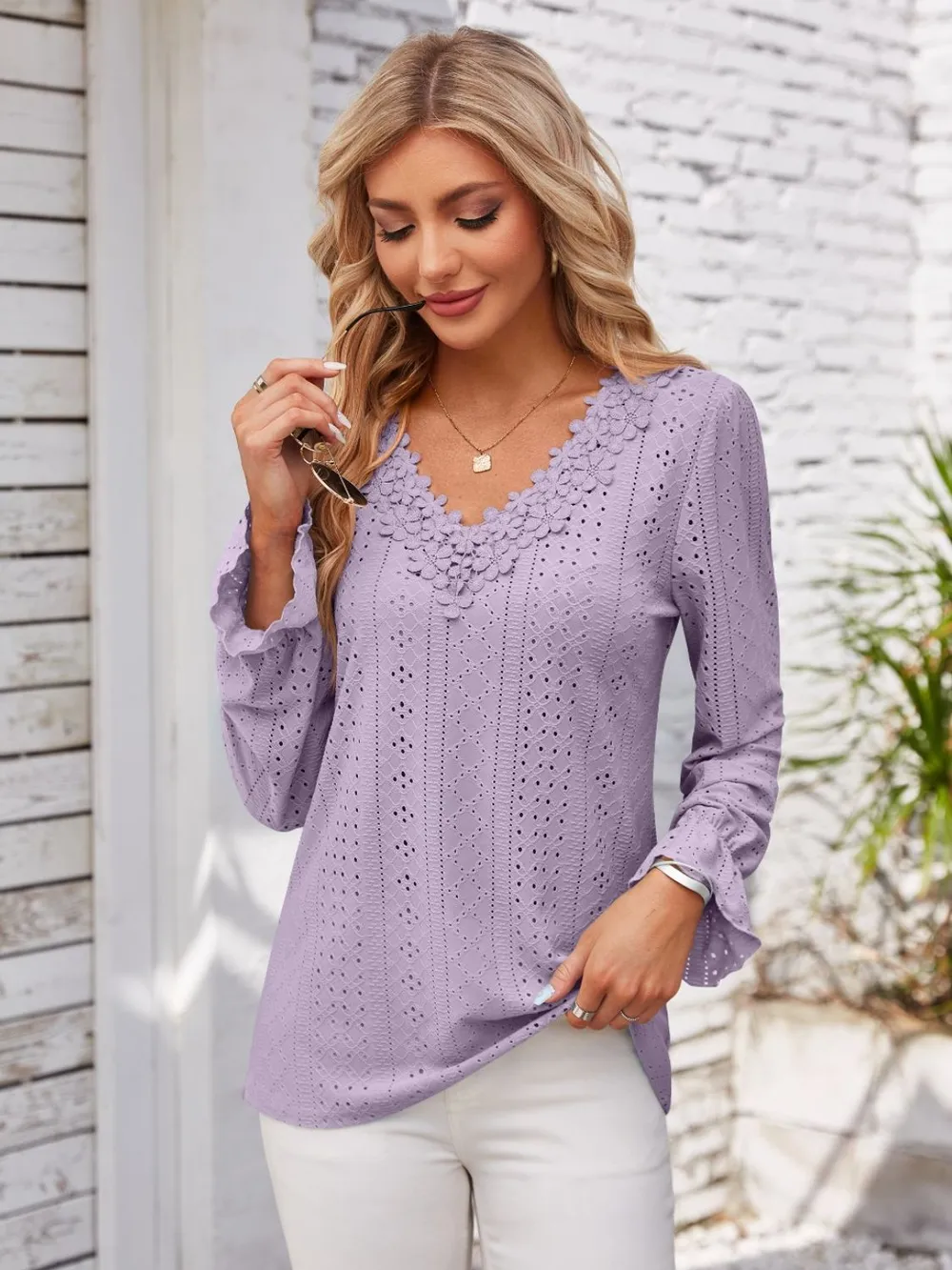 Applique V-Neck Flounce Sleeve T-Shirt, image 2