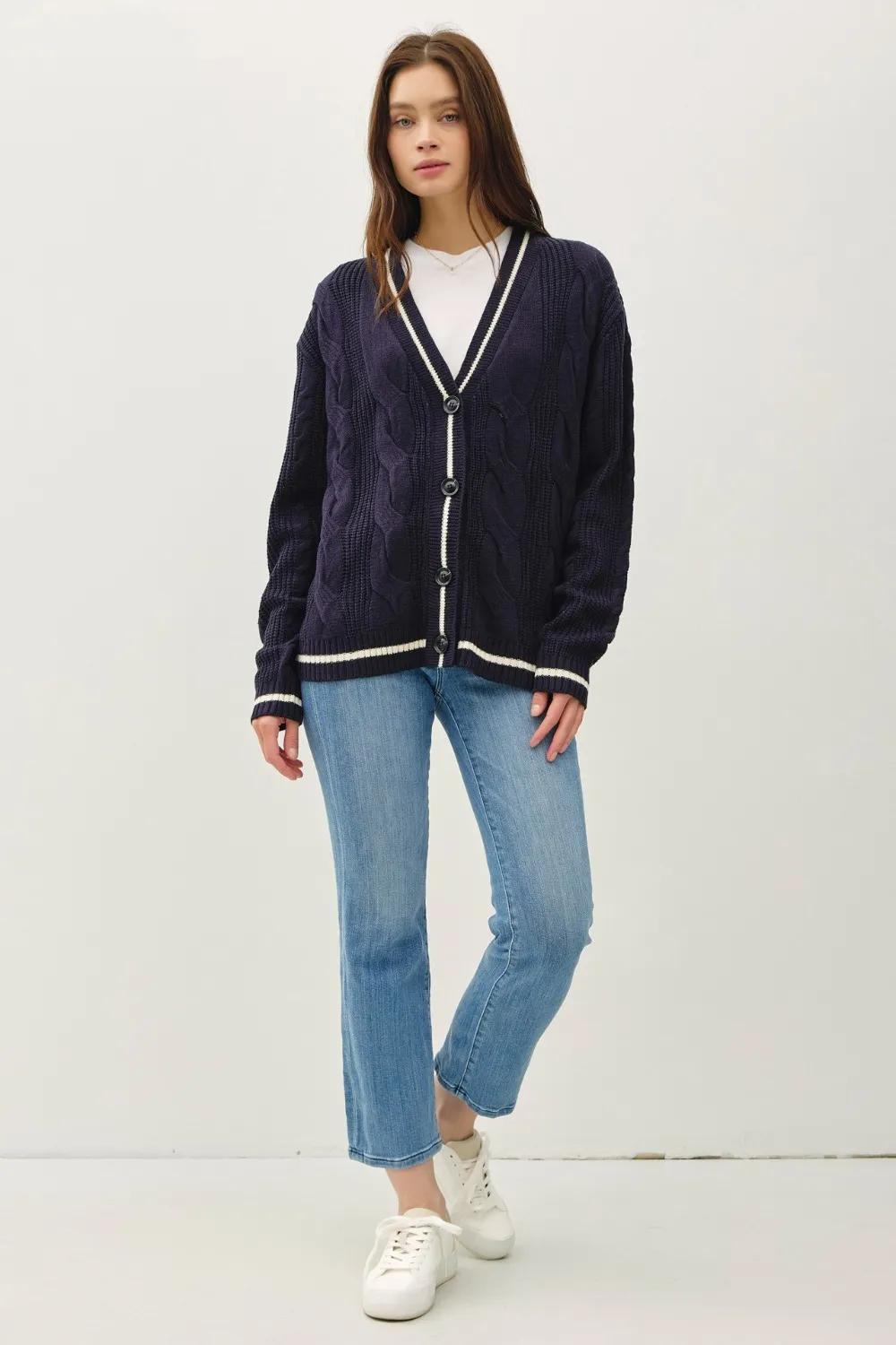 Contrast Trim Cable-Knit V-Neck Cardigan, image 5