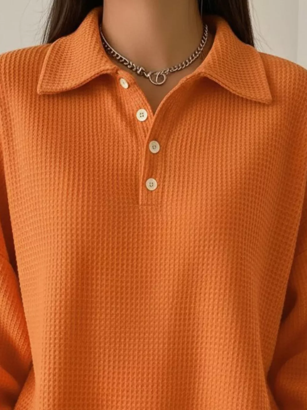 Full Size Waffle Knit Button Detail Top Plus Size, image 3