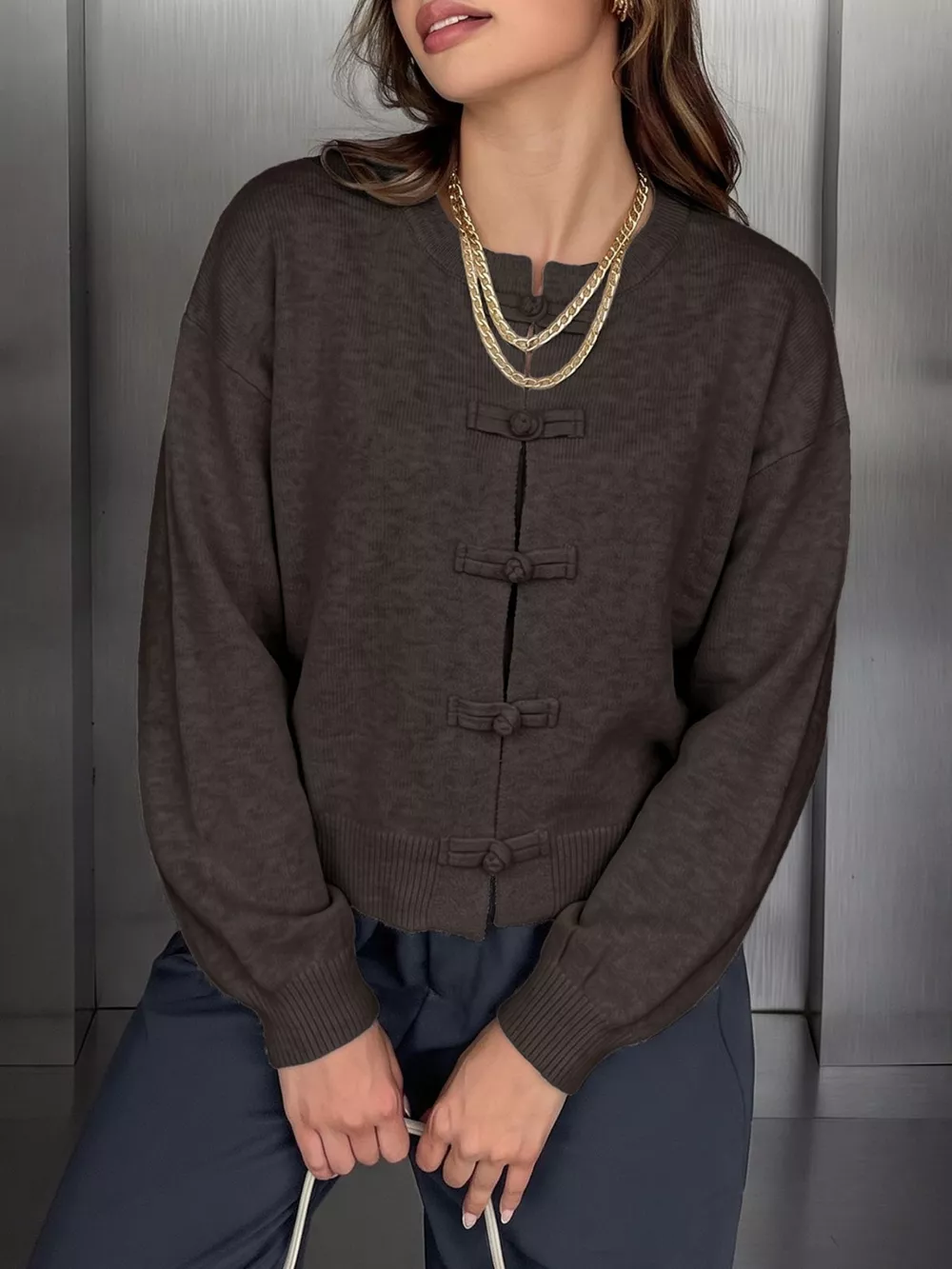 Chinese-Style Button Knit Cardigan, image 2