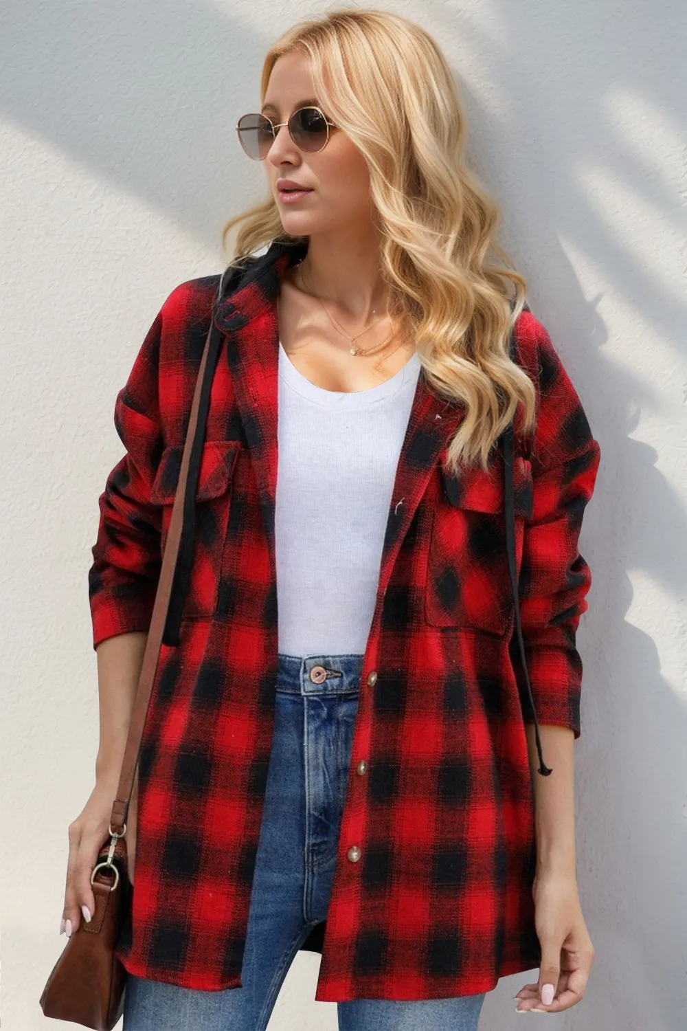 Drawstring Plaid Long Sleeve Hooded Shacket, image 9