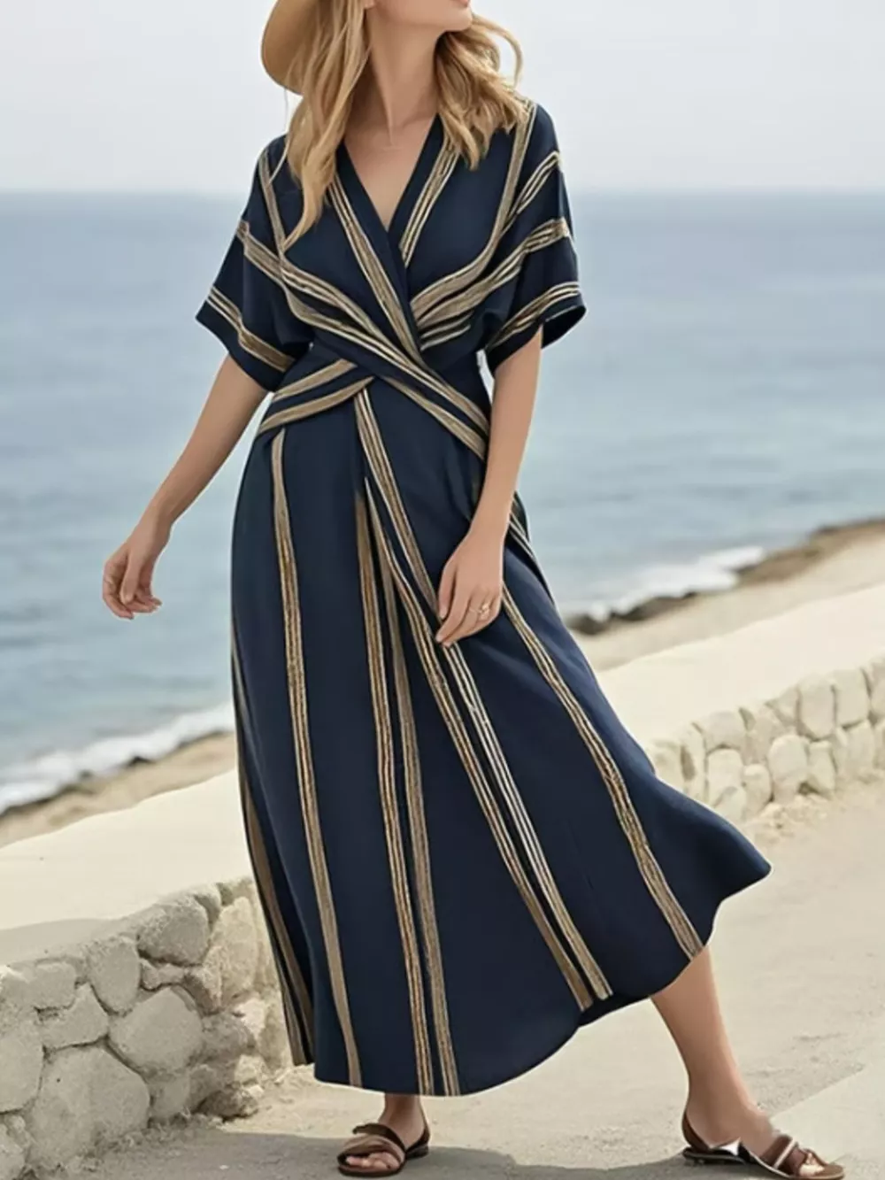 Full Size Striped Surplice Half Sleeve Midi Dress Plus Size, image 10