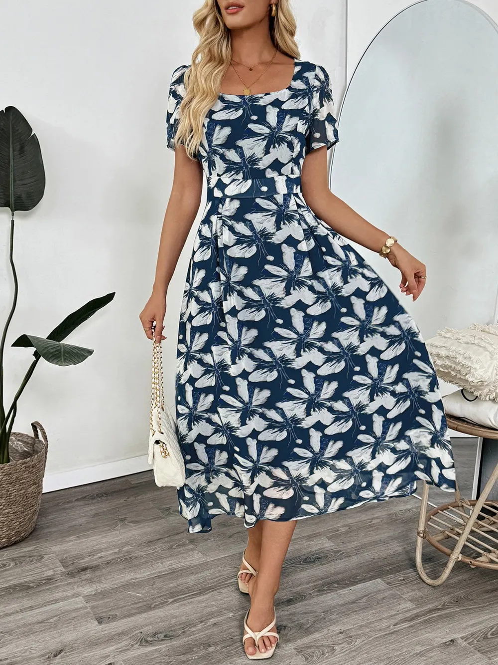 Printed Square Neck Midi Dress, image 9