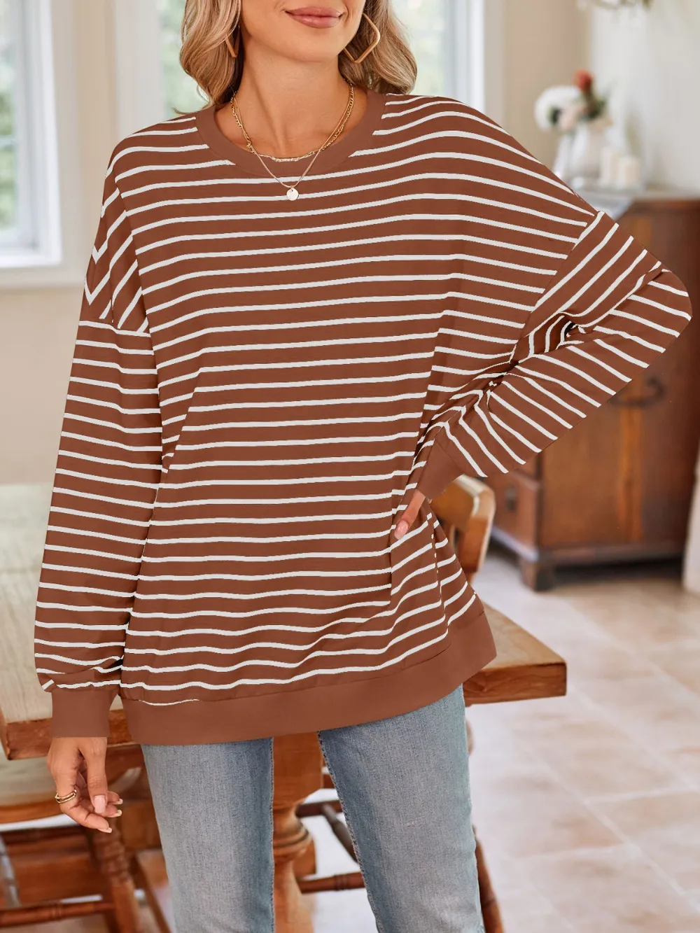 Striped Round Neck Long Sleeve Sweatshirt, image 21