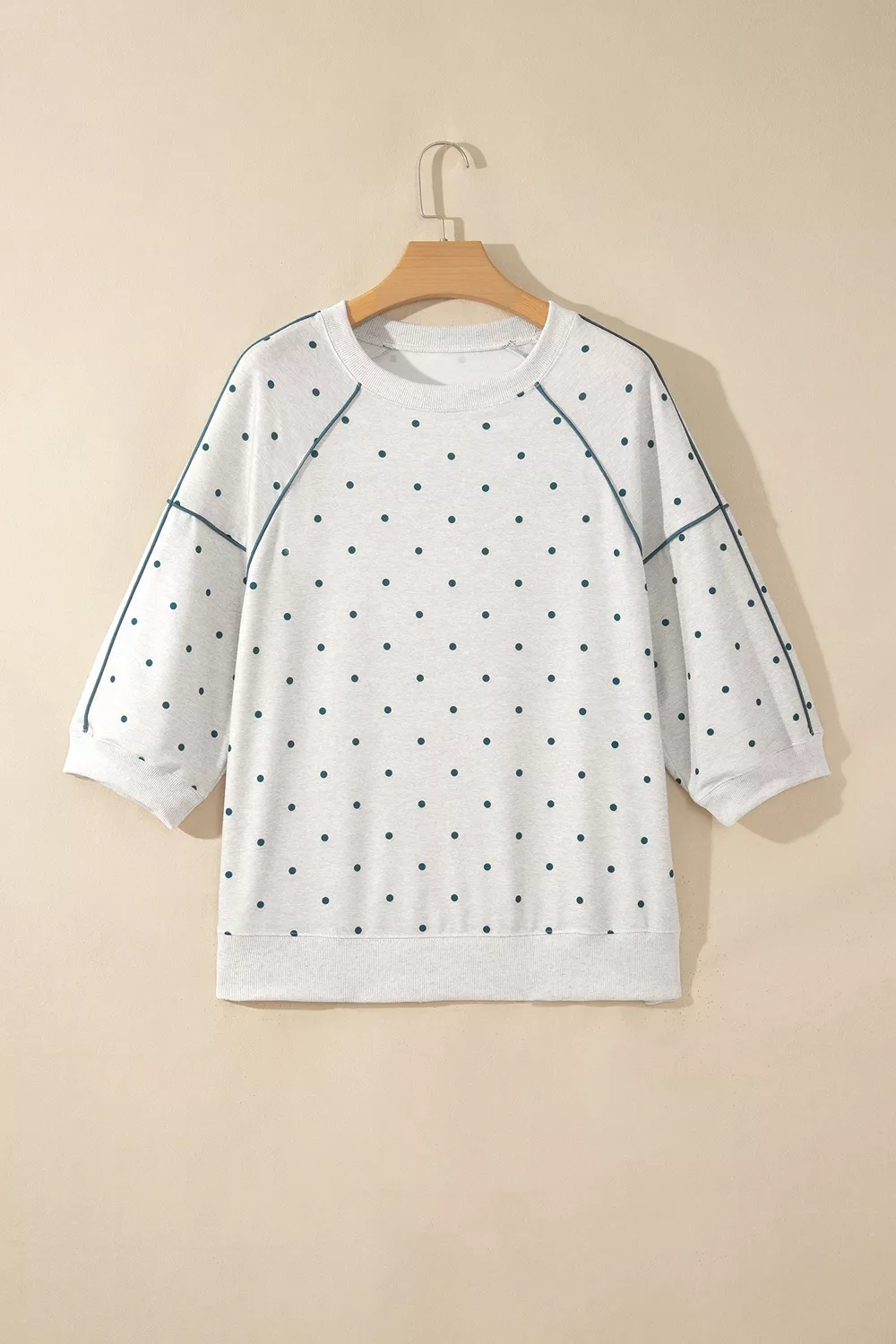 Polka Dot Print Piping Trim 3/4 Sleeve Relaxed Top, image 3