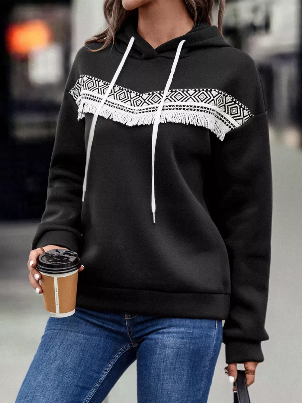 Fringe Detail Long Sleeve Drawstring Hoodie, image 16