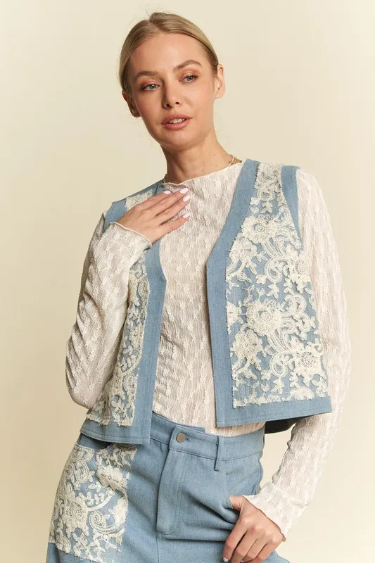 Lace Patch Open Front Denim Vest, image 8