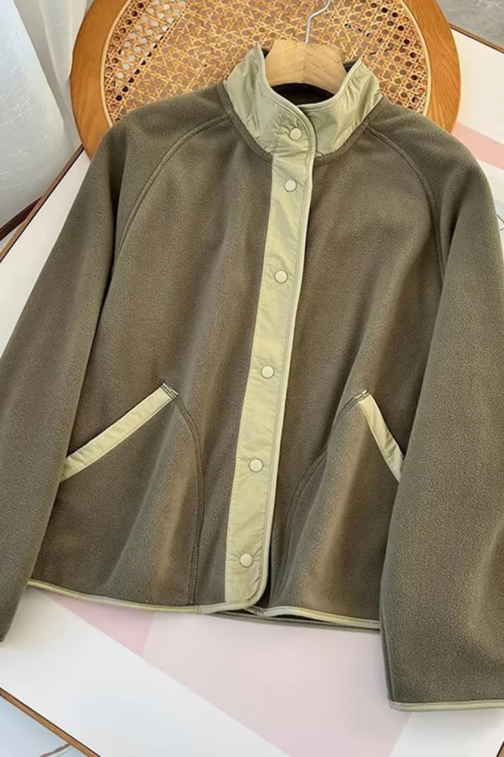 Snap Down Contrast Fleece Jacket with Pockets, image 10