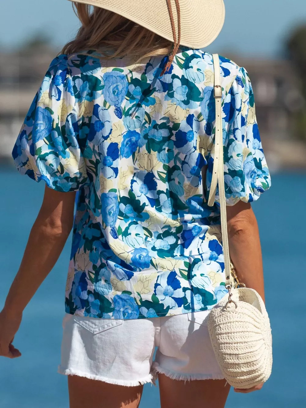 Floral Print Short Puff Sleeve V Neck Blouse, image 12