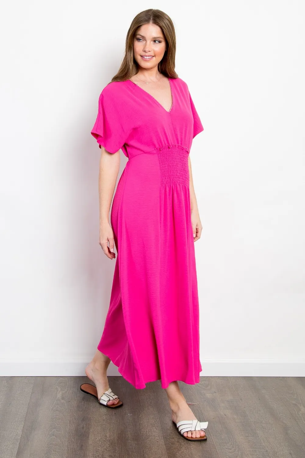 Full Size Shirred Front Short Sleeve Maxi Dress, image 3