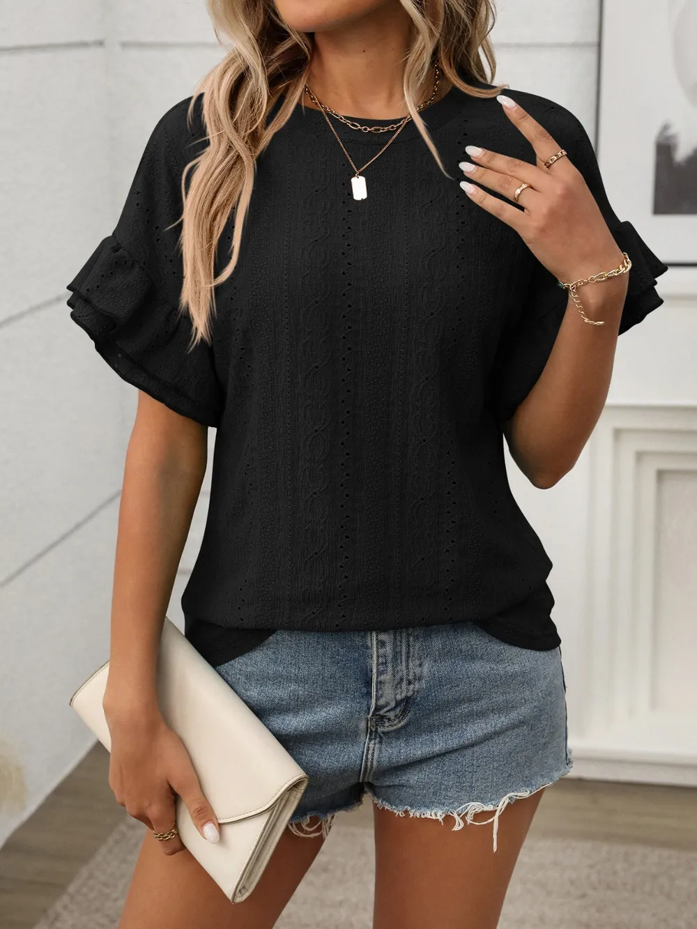 Eyelet Round Neck Flounce Sleeve Top, image 24