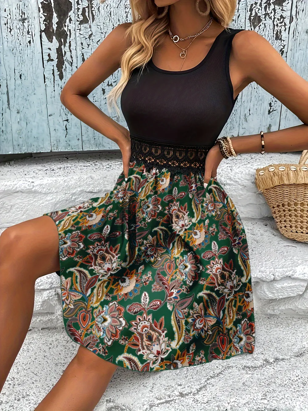 Printed A-Line Tank Dress with Lace Waist Detail, image 9