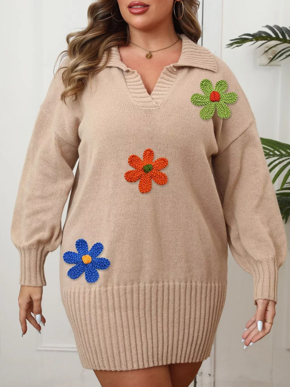 Plus Size Floral Applique Ribbed Hem Sweater Dress, image 5