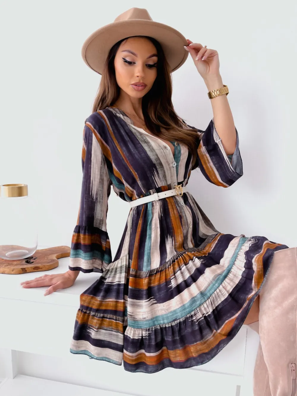 Buttoned Striped Long Sleeve Mini Dress, image 8