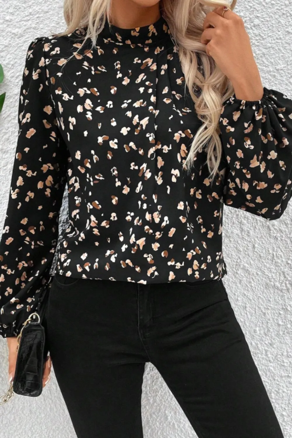 Printed Mock Neck Balloon Sleeve Blouse, image 18