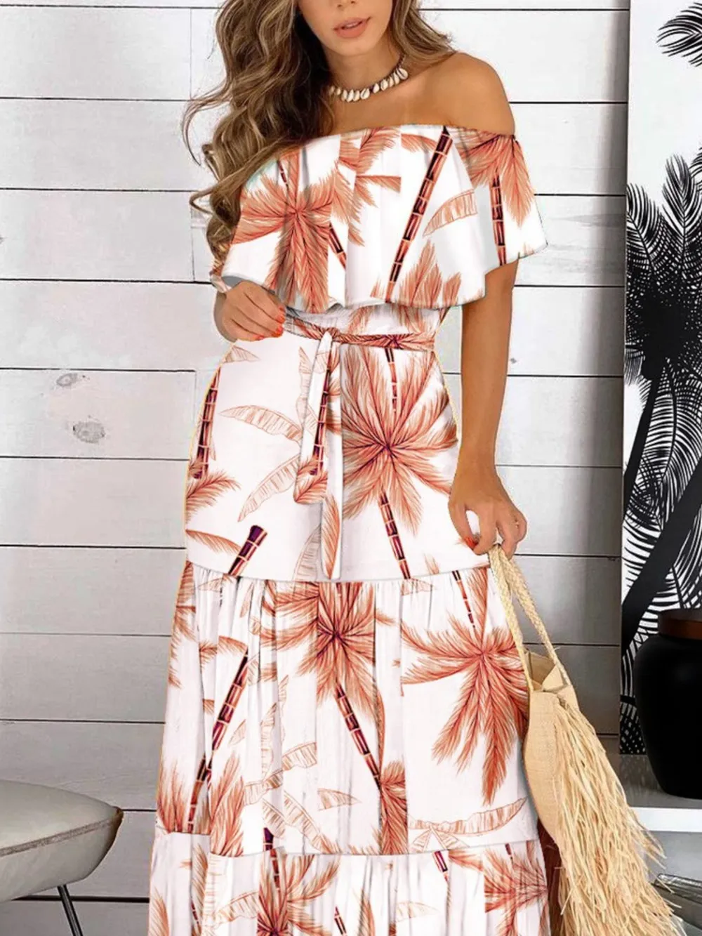Printed Off Shoulder Maxi Dress, image 9