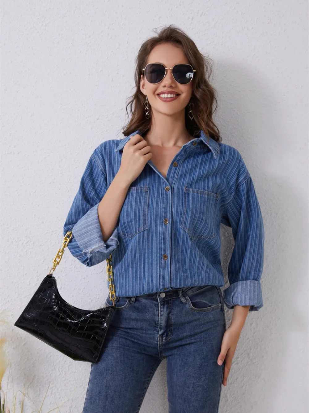 Pocketed Striped Button Up Denim Shirt, image 5