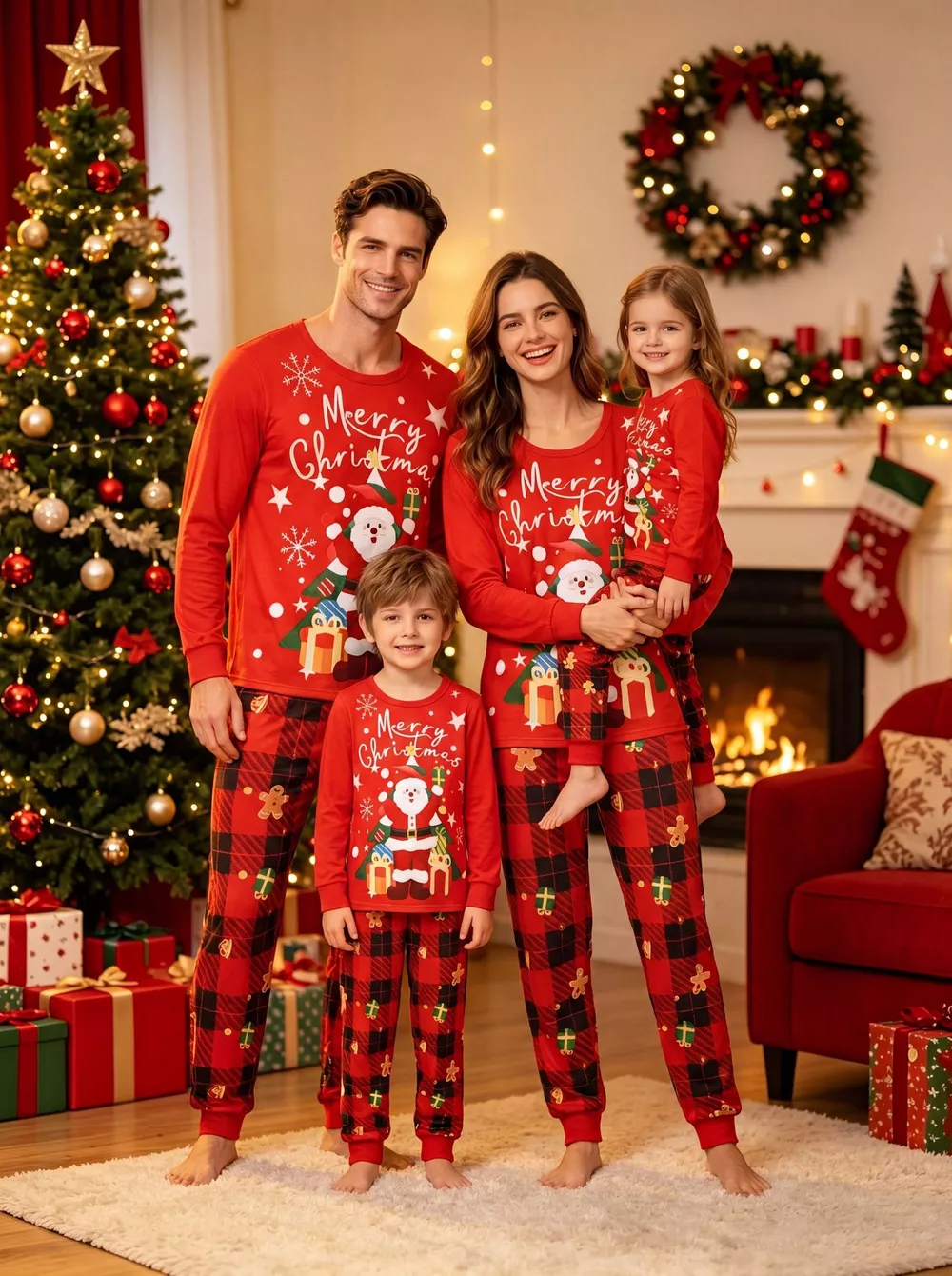 Family Matching Christmas Pajama Set with Santa and Plaid Print, image 5