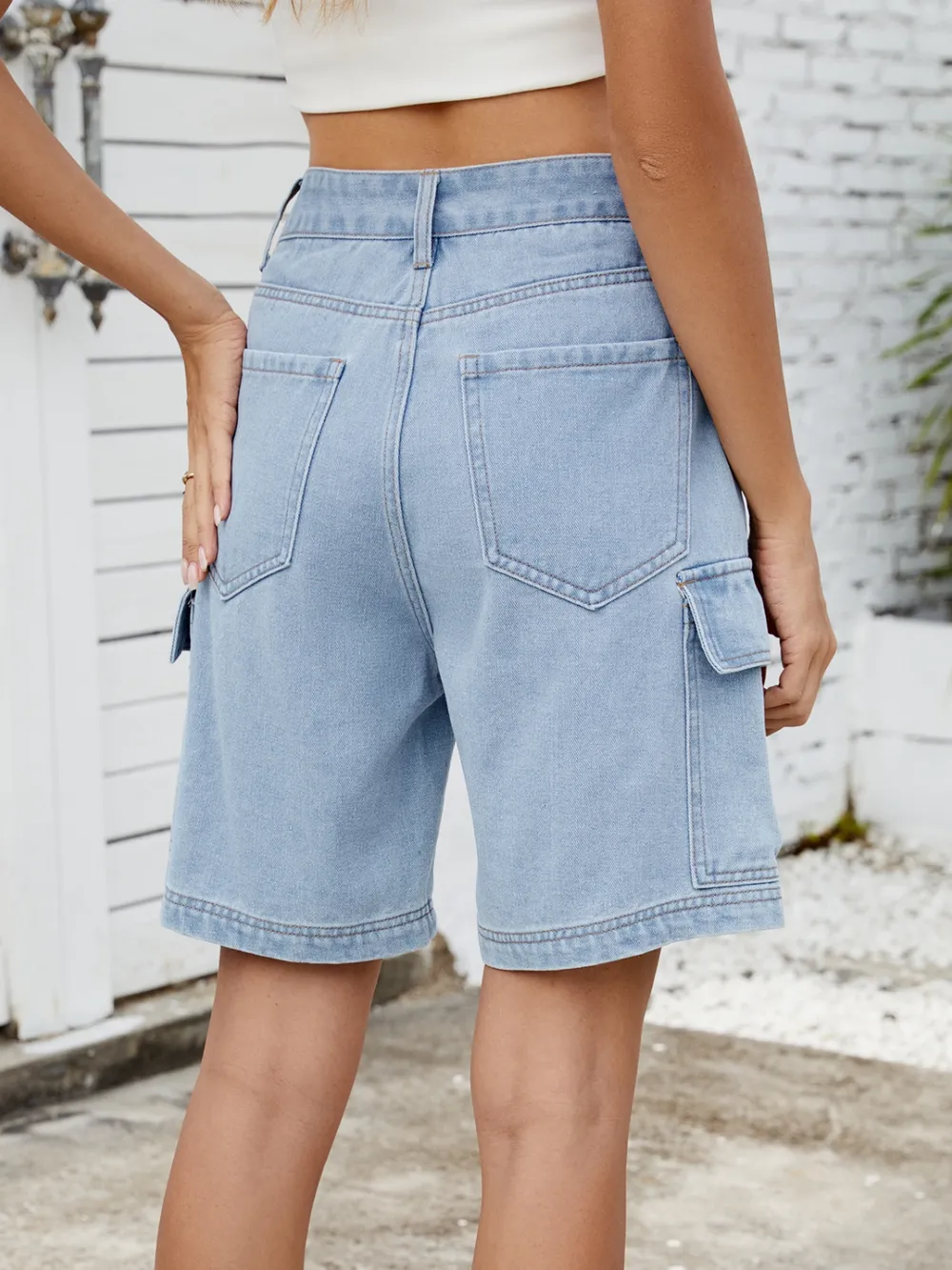 High Waist Denim Shorts with Cargo Pockets, image 14