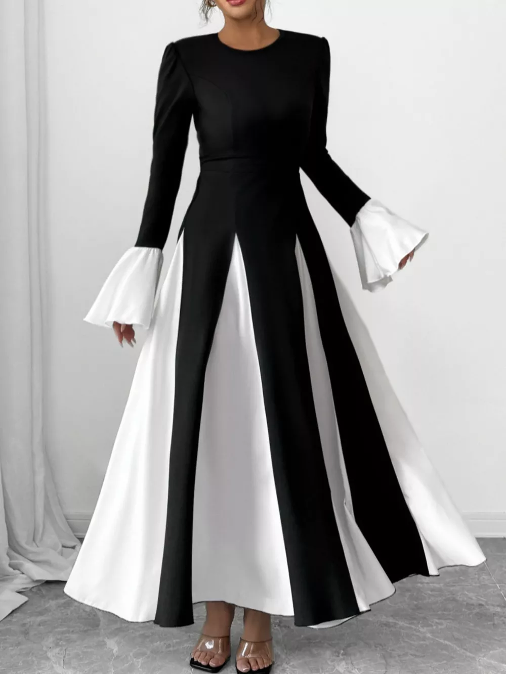 Contrast Round Neck Flare Sleeve Maxi Dress, image 5