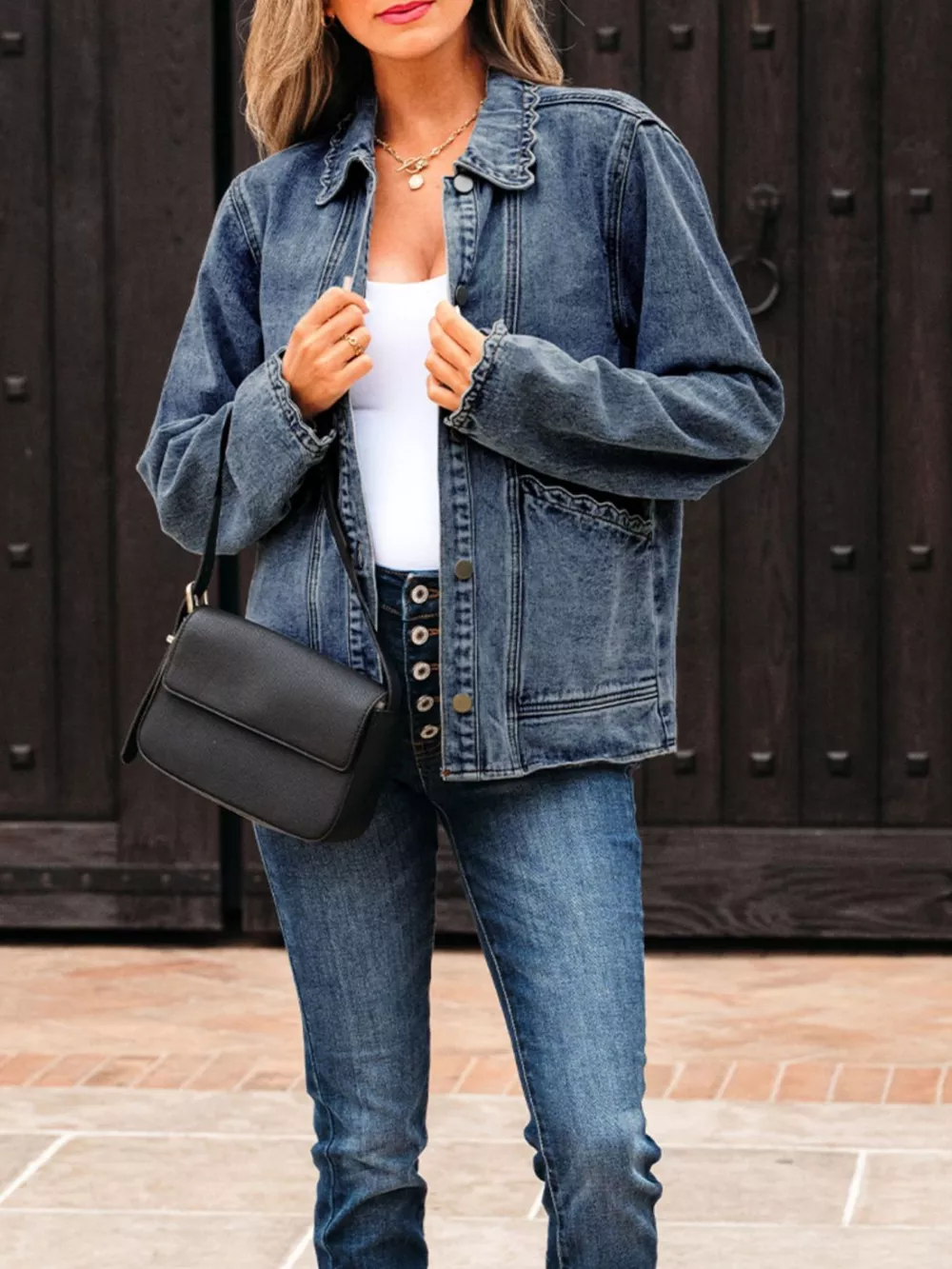 Scallop Trim Collar Patched Pocket Button Up Denim Jacket, image 16