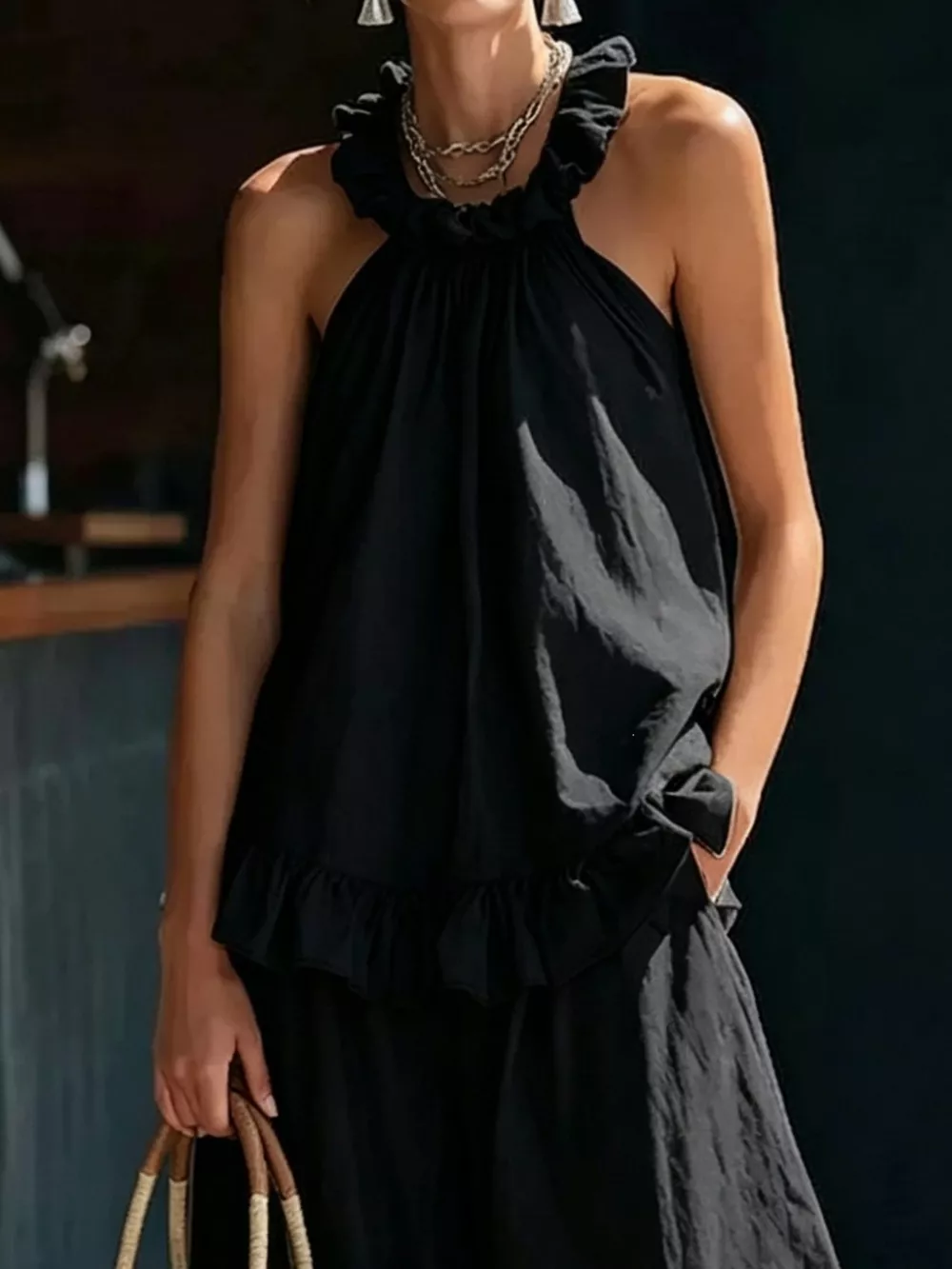 Full Size Ruffled Halter Neck Top and Wide-Leg Pants Set Plus Size, image 6