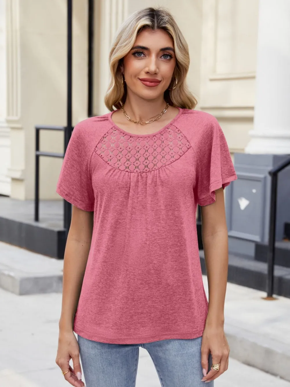 Lace Detail Round Neck Short Sleeve Blouse, image 8