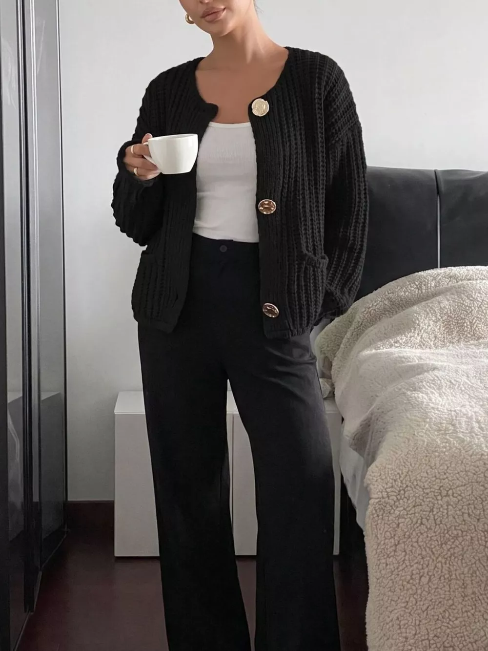 Ribbed Knit Cardigan with Gold-Tone Buttons, image 14