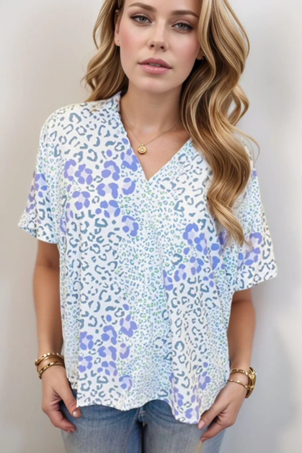 Leopard Print V Neck Short Sleeve Blouse