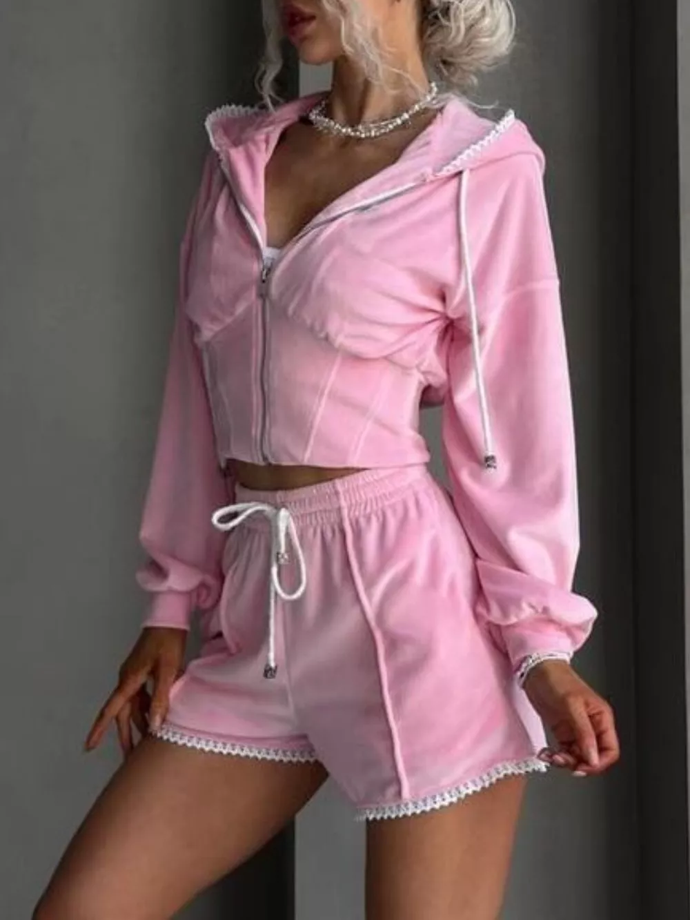 Drawstring Zip-Up Hoodie and Shorts Set, image 3