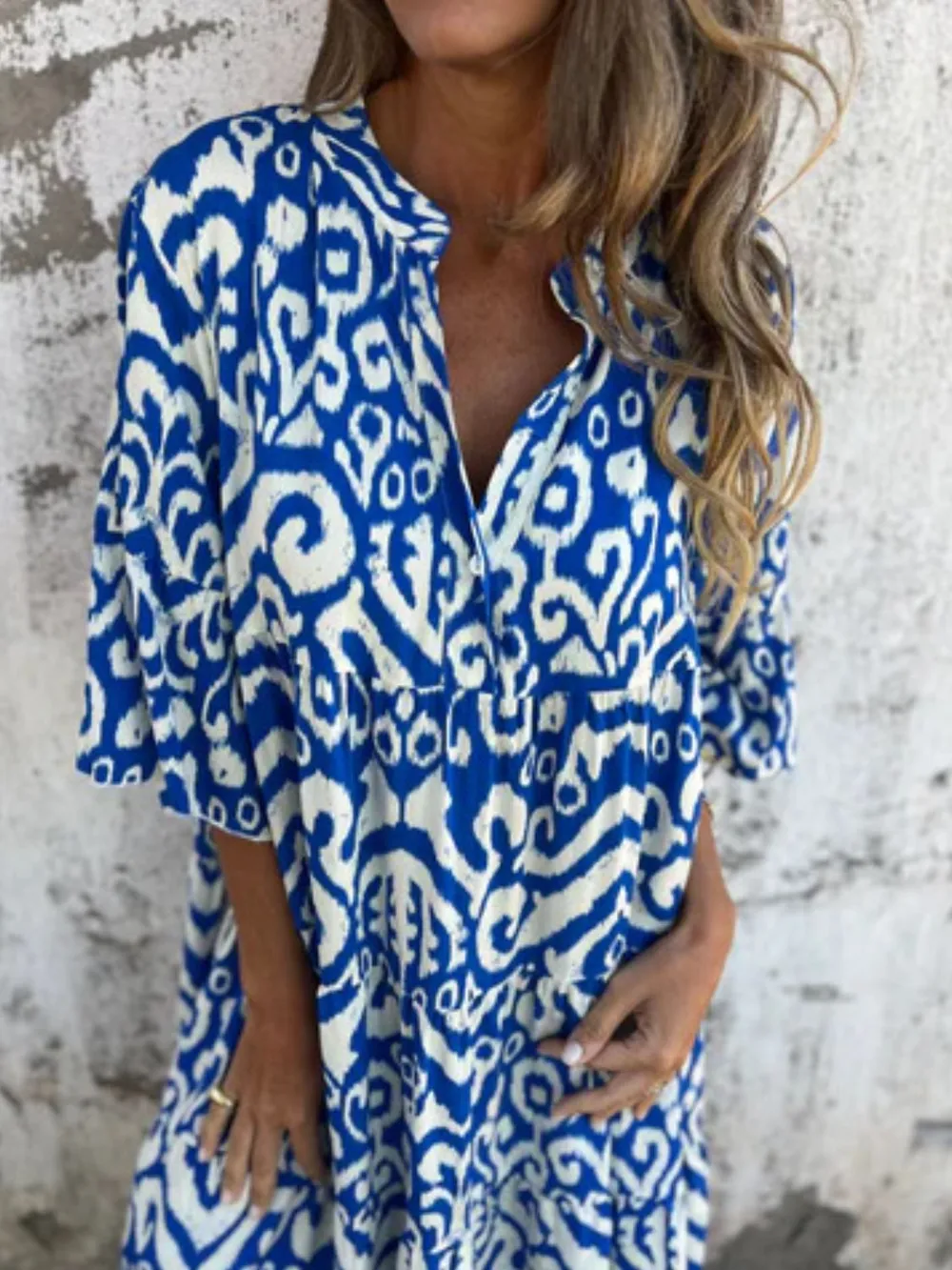 Full Size Printed Notched Half Sleeve Dress Plus Size, image 25