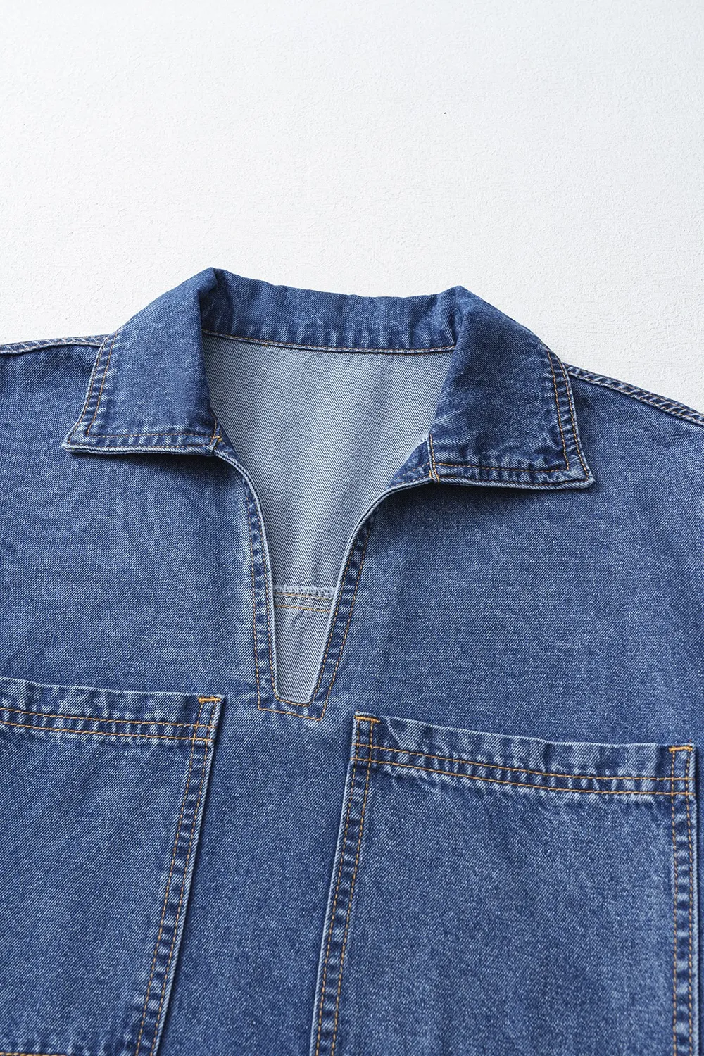 Short Sleeve Collared Patched Pocket Denim Mini Dress, image 18