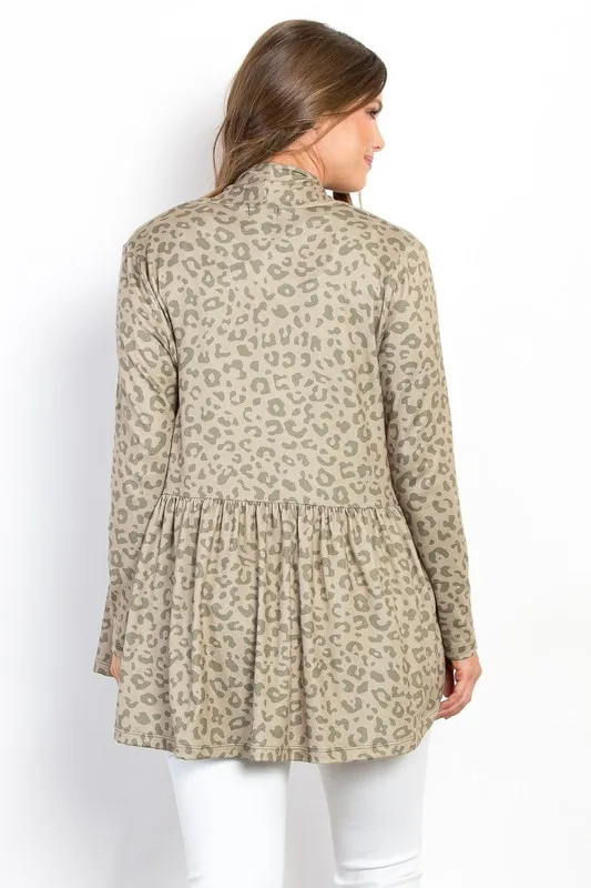 Full Size Peplum Leopard Open Front Long Sleeve Cardigan, image 2
