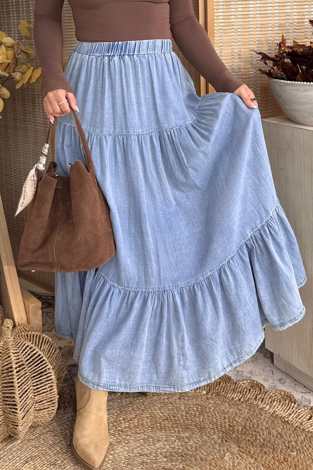 Elastic Waist Ruffled Tiered Flared Denim Maxi Skirt, image 3