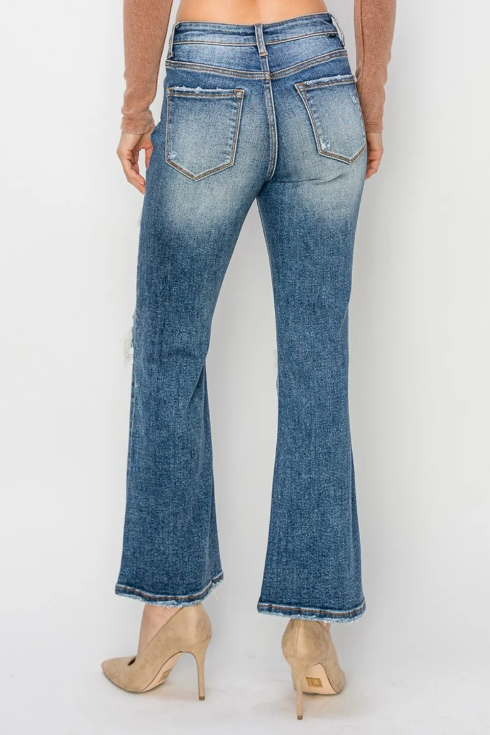 Full Size High Rise Distressed Ankle Flare Jeans, image 2