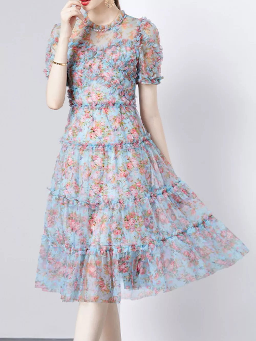 Frill Floral Print Short Sleeve Dress