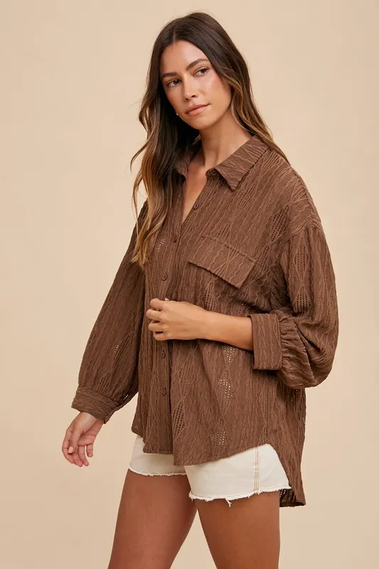Openwork Button Down Drop Shoulder Shirt, image 6
