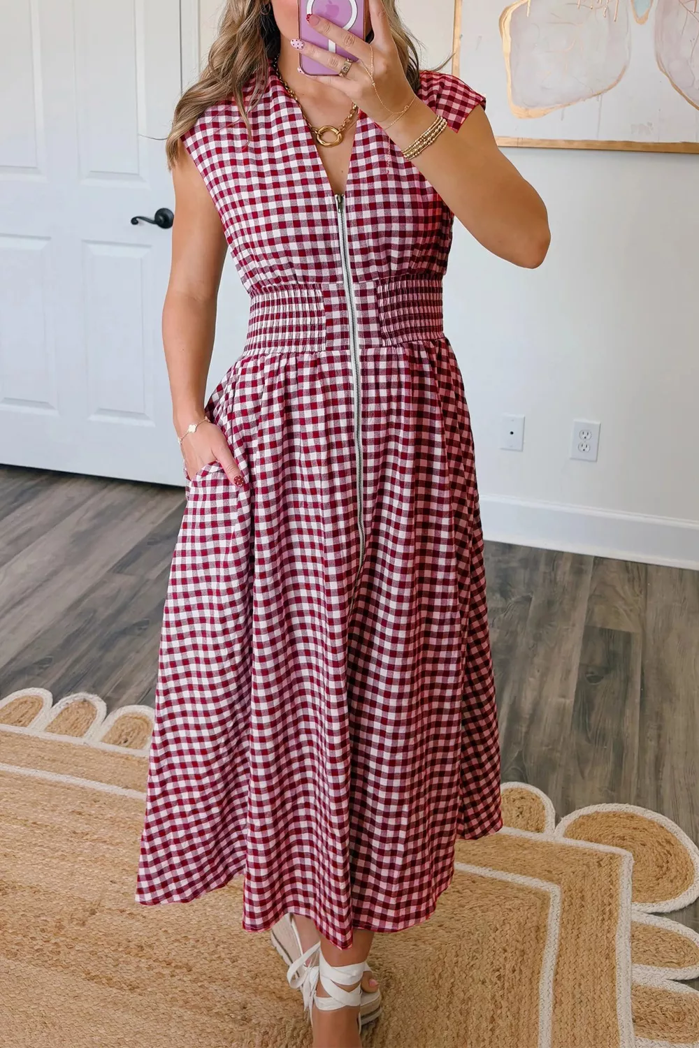 Gingham Zip-Front Midi Dress, image 3