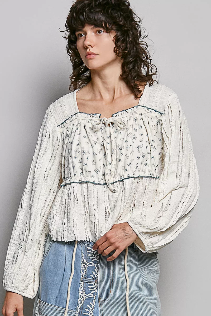 Square Neck Lace Long Balloon Sleeve Top, image 2
