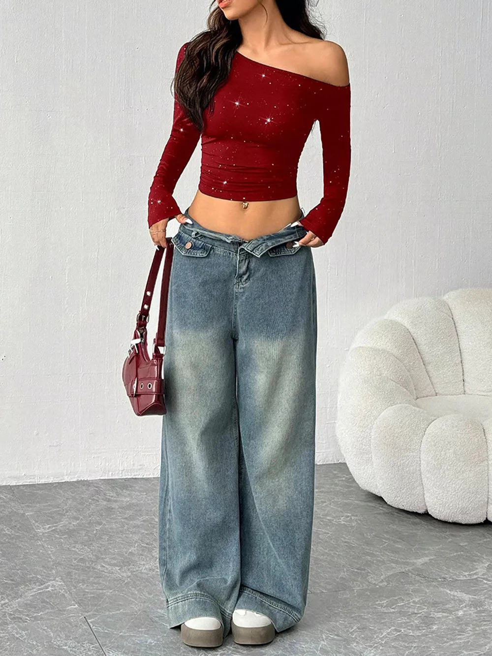 Glitter One-Shoulder Long Sleeve Crop T-Shirt, image 11